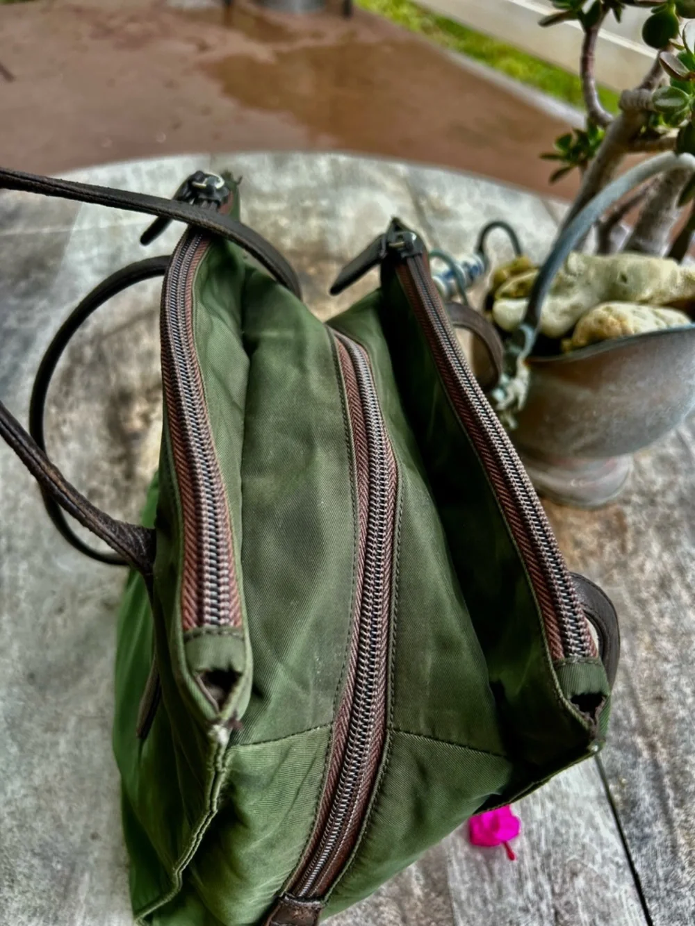 Authentic Prada  Vintage Olive Green Nylon Tote with Dark Brown Leather Straps - Picture 3 of 16